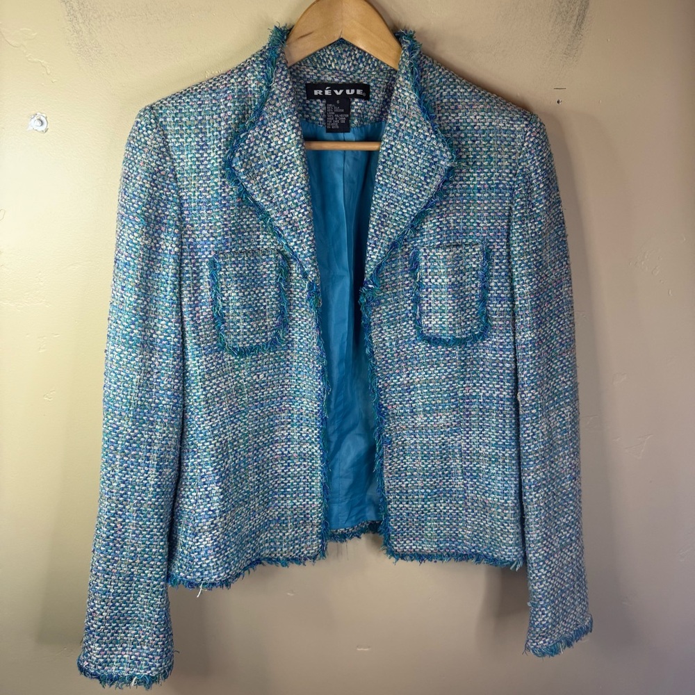 Revue Boucle Fringed Silk Tweed Womens Blazer Preppy Size 6 Turquoise Office Y2K